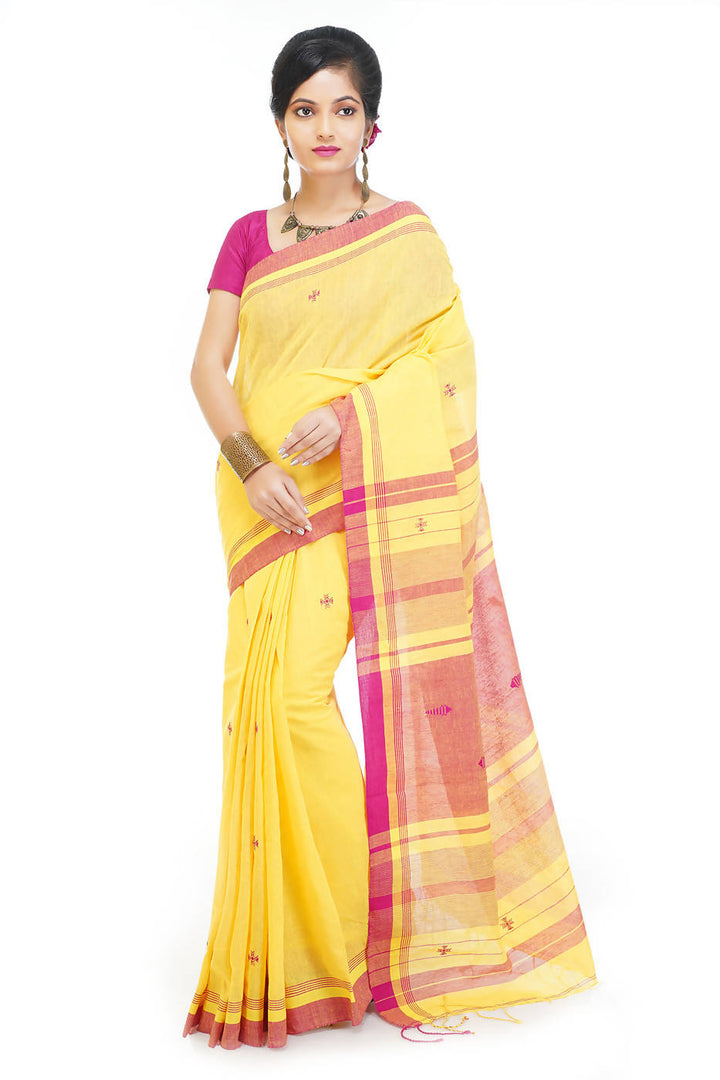 Handloom bengal yellow and pink cotton saree
