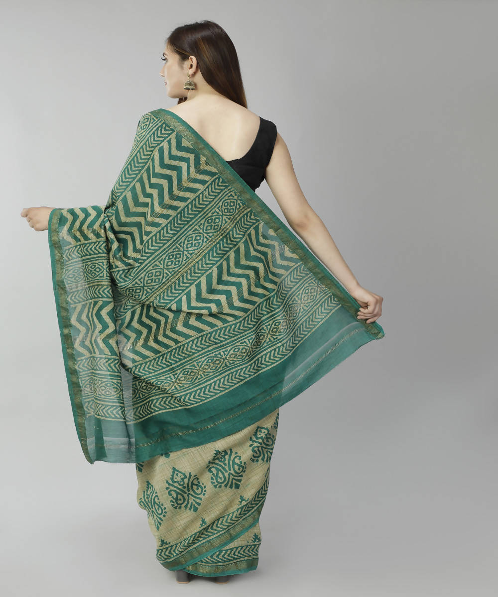 Forest green bagru handblock printed cotton silk saree