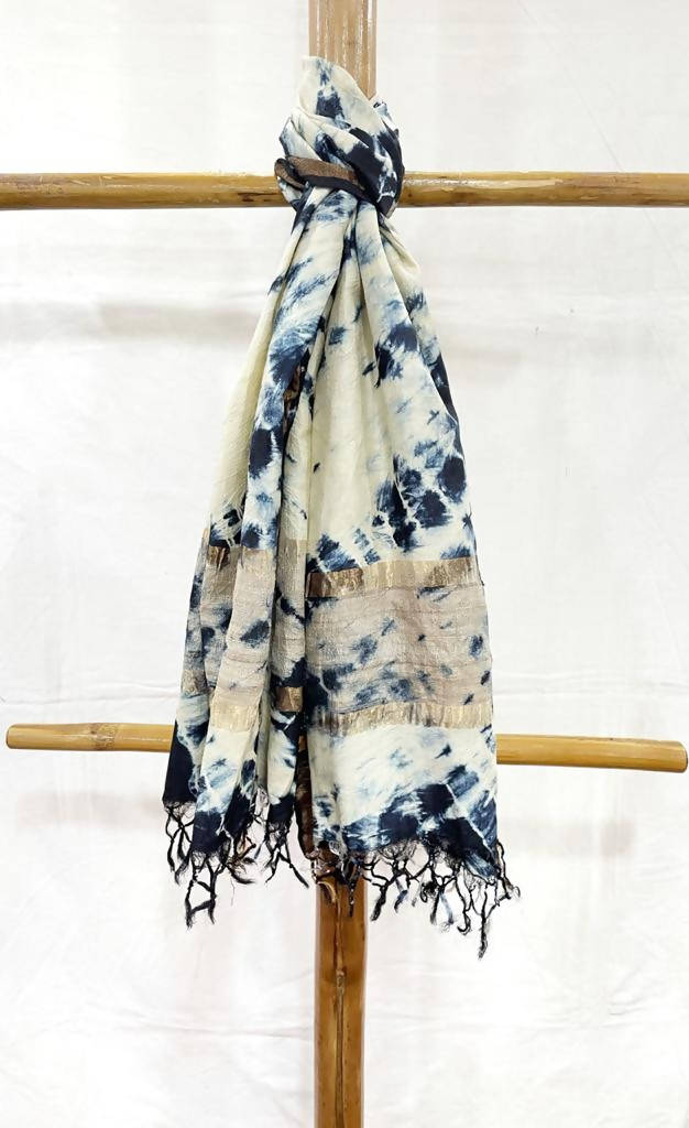 White tussar silk handwoven tie and dye stole