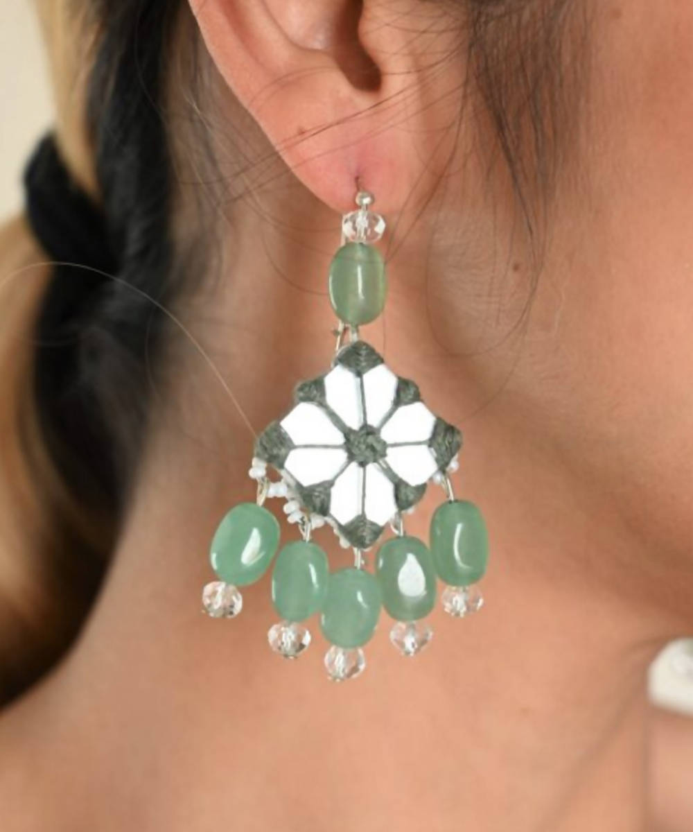 Light green jade handmade ruby stone and mirror earring