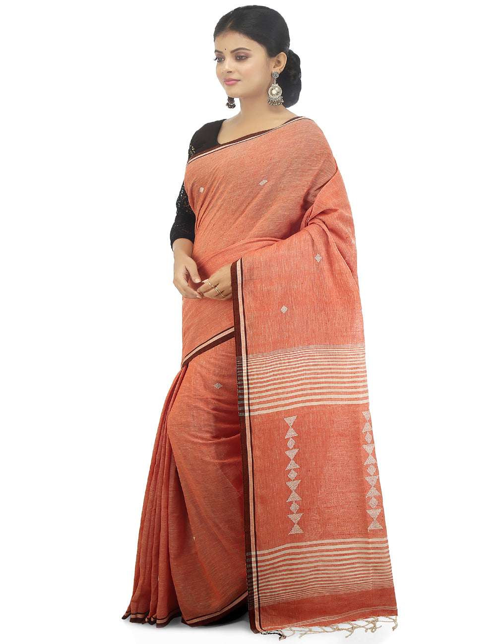 Pale orange handwoven cotton bengal saree