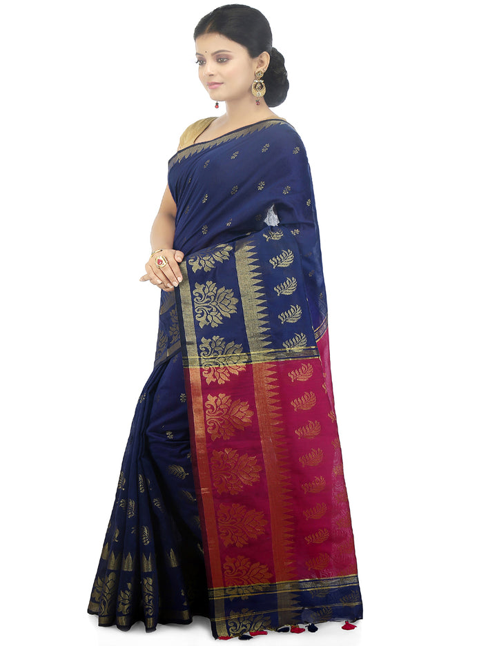 Navy blue handloom art silk and cotton bengal saree
