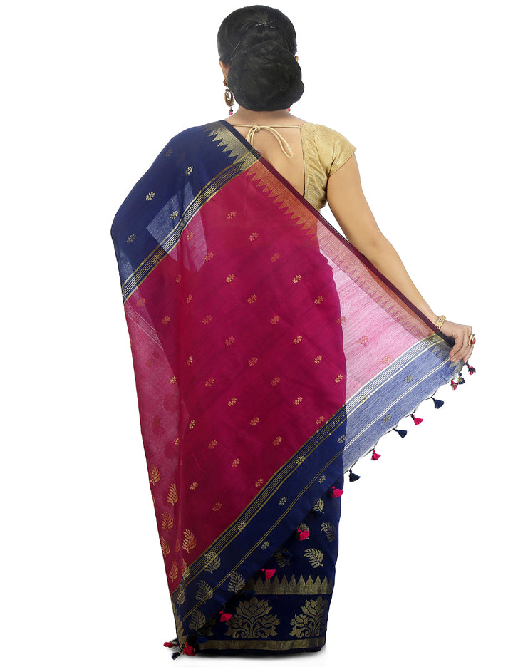 Navy blue handloom art silk and cotton bengal saree
