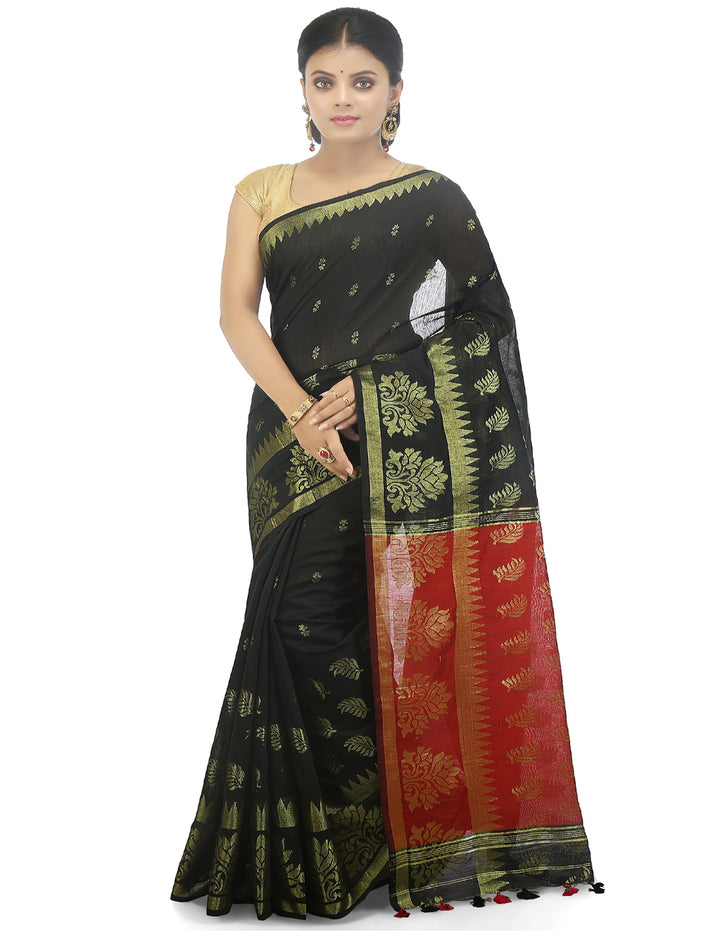 Black handloom art silk and cotton bengal saree