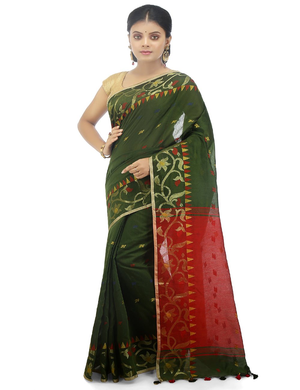 Green handloom art silk and cotton bengal saree