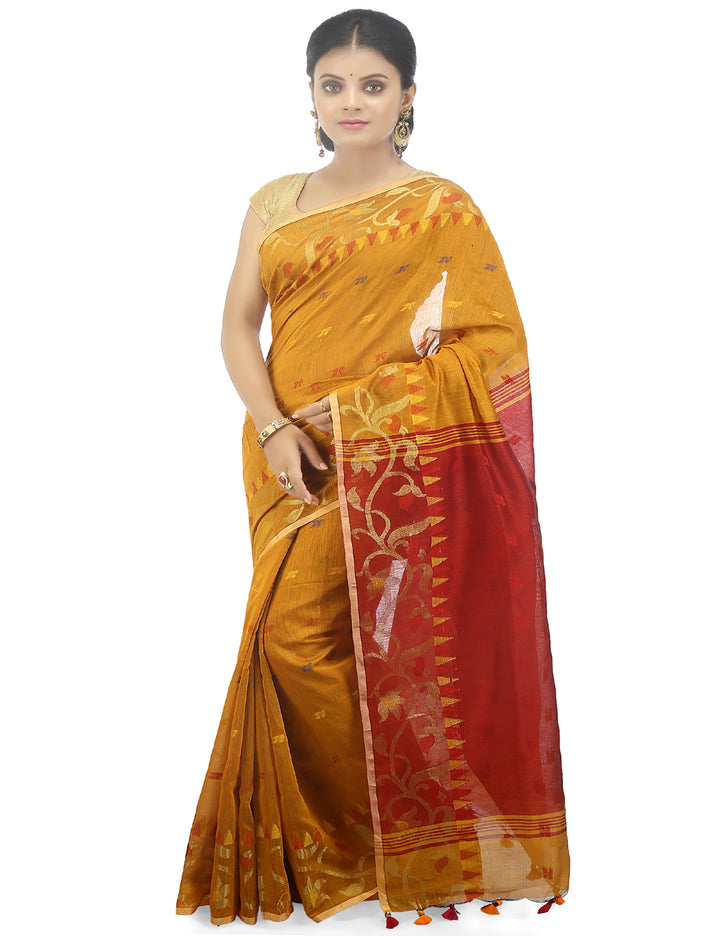 Yellow handloom art silk and cotton bengal saree