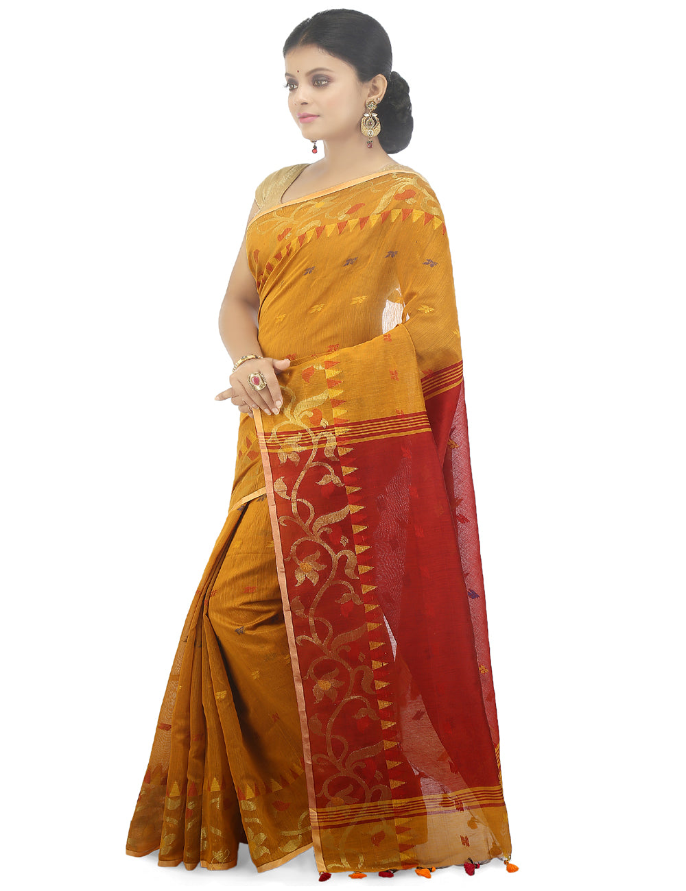 Yellow handloom art silk and cotton bengal saree