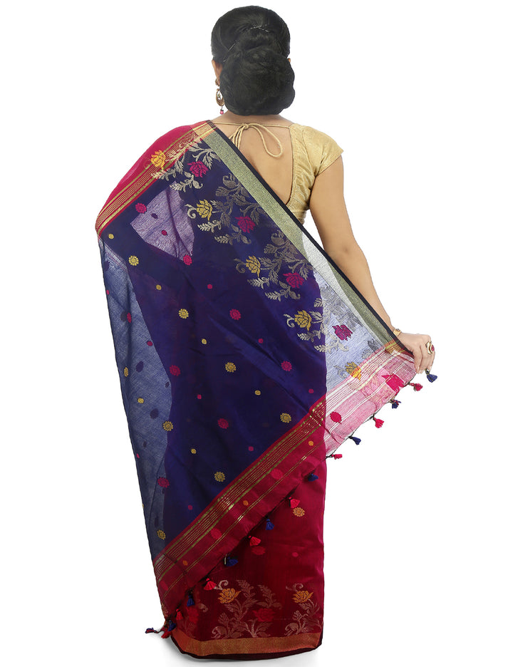 Pink and blue handloom art silk and cotton bengal saree