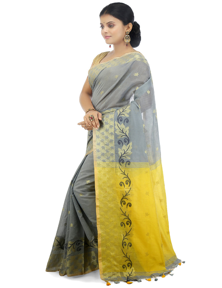 Grey and yellow handloom art silk and cotton bengal saree