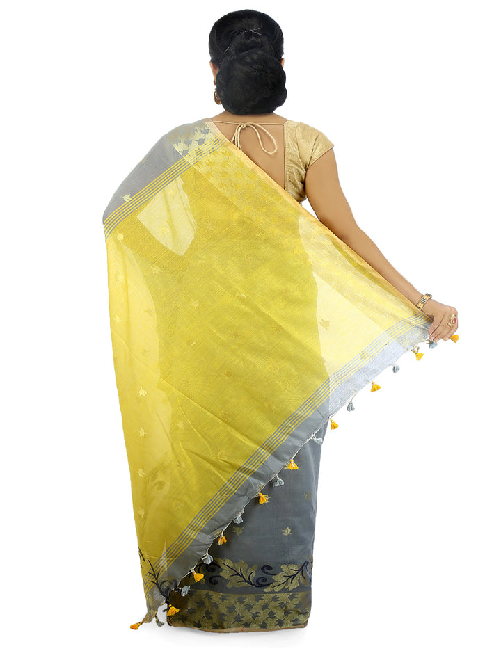 Grey and yellow handloom art silk and cotton bengal saree