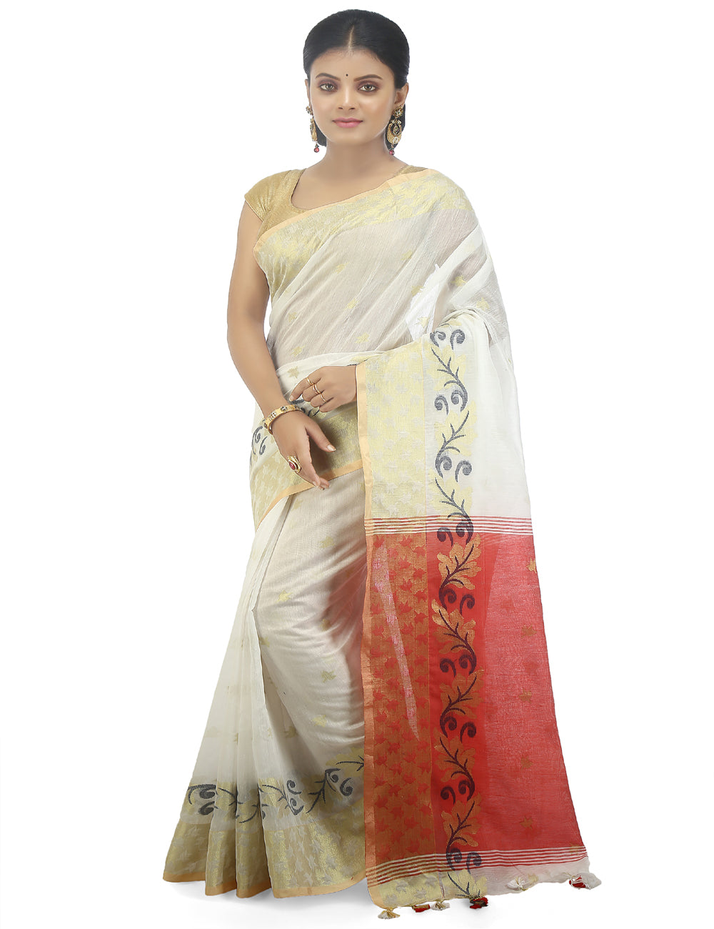 White handloom art silk and cotton bengal saree