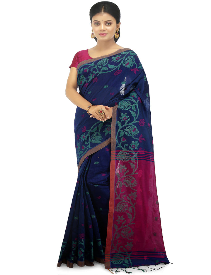 Blue and pink handloom art silk and cotton bengal saree