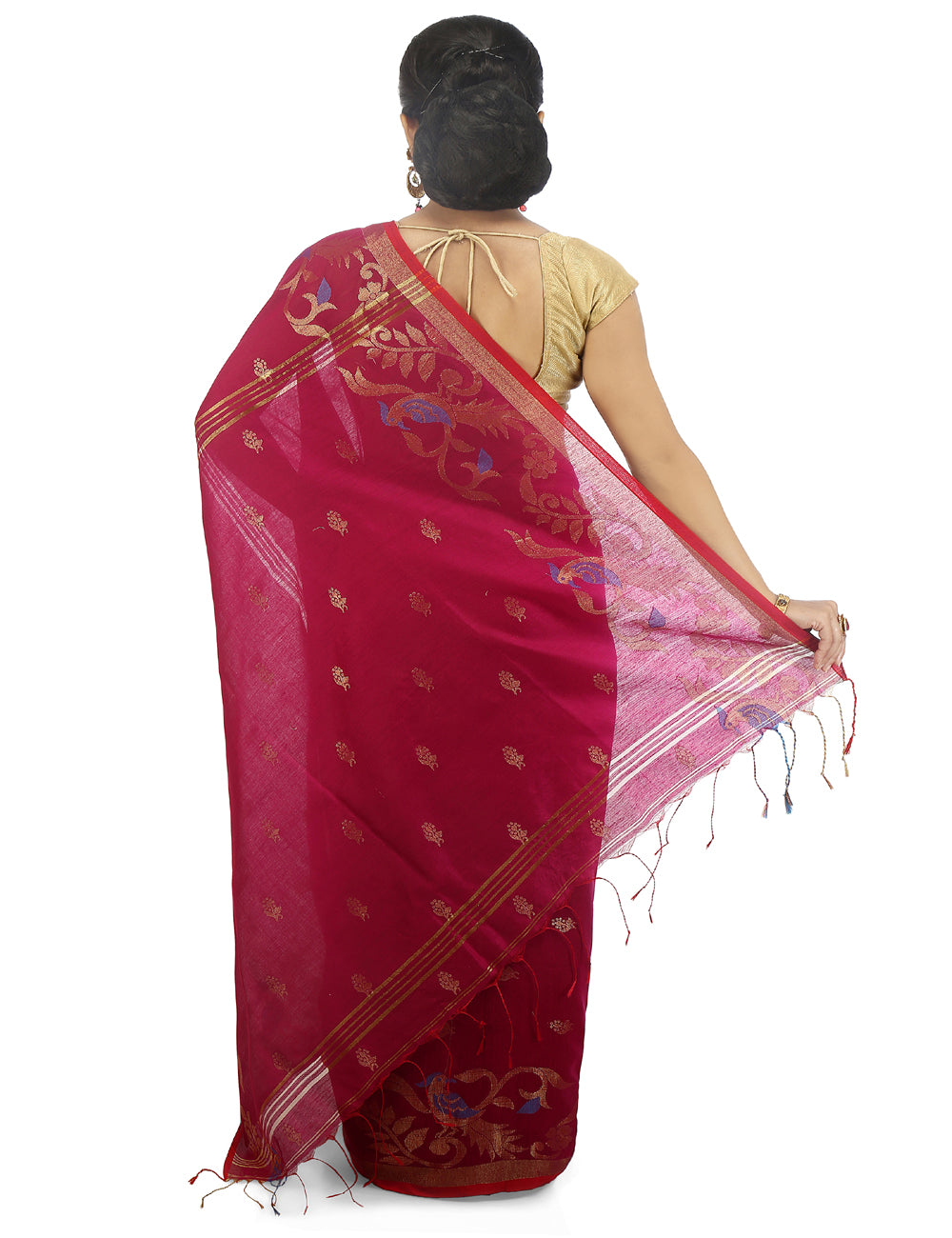 Pinkish red handloom art silk and cotton bengal saree
