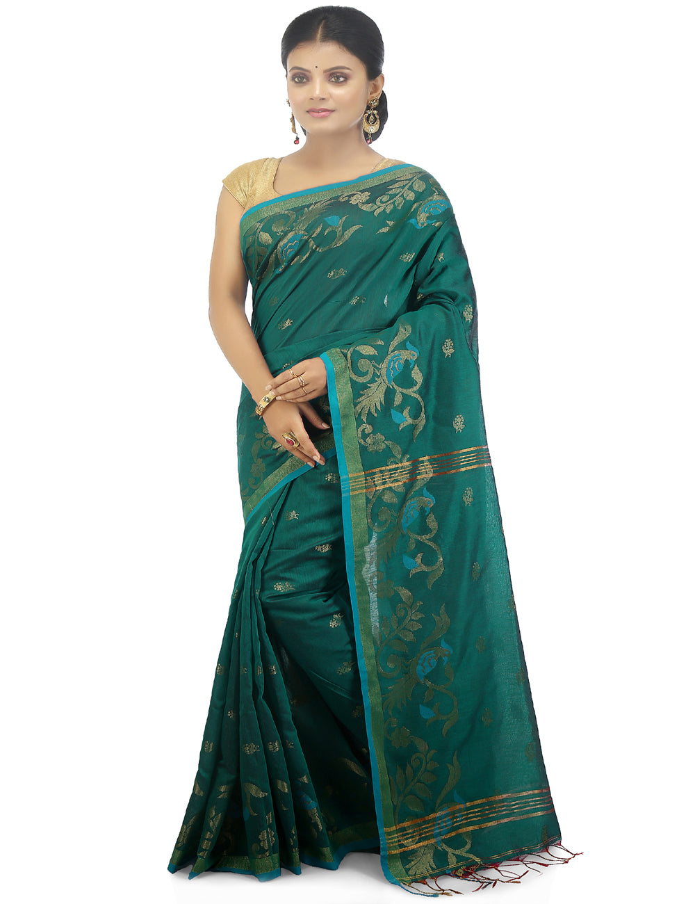 Turquoise handloom art silk and cotton bengal saree