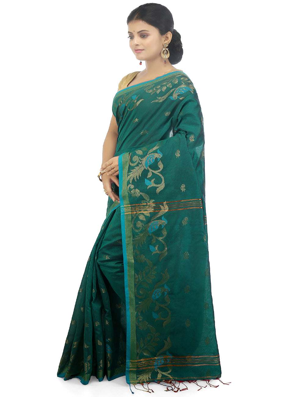 Turquoise handloom art silk and cotton bengal saree
