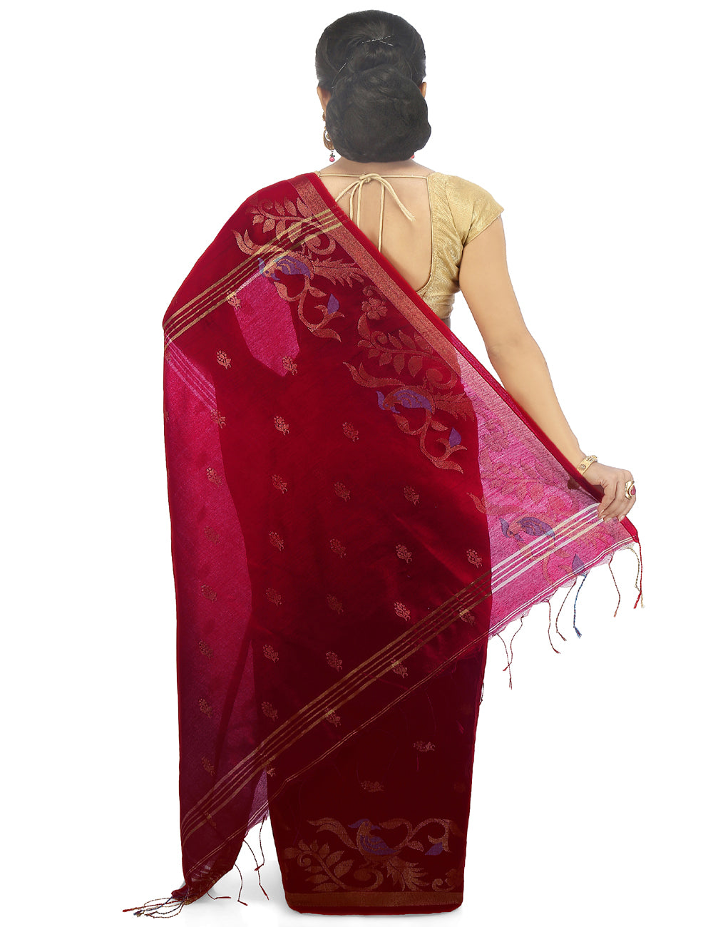 Dark pinkish maroon handloom art silk and cotton bengal saree