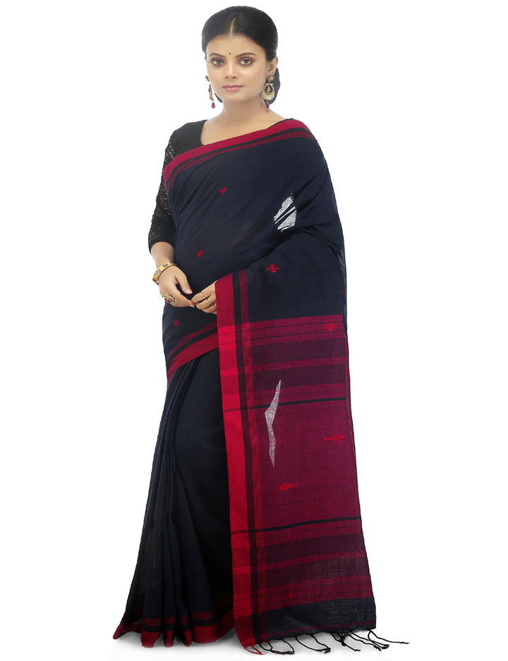 Dark blue black handwoven cotton bengal saree
