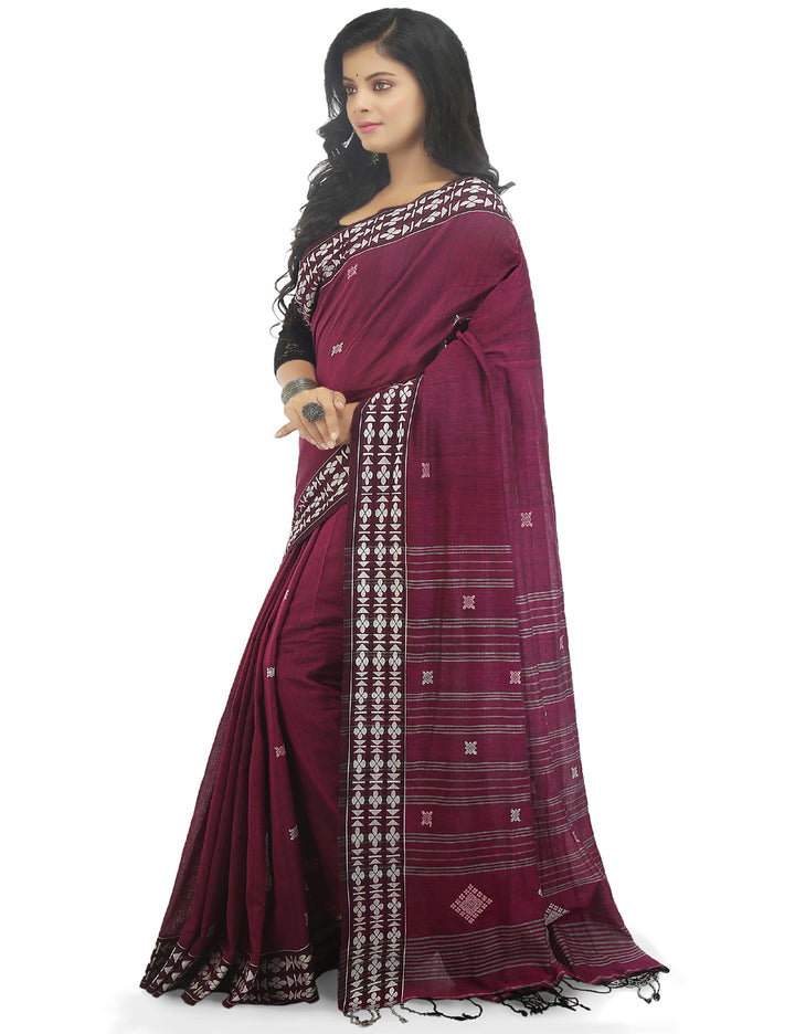 Dark magenta pink handwoven cotton bengal saree
