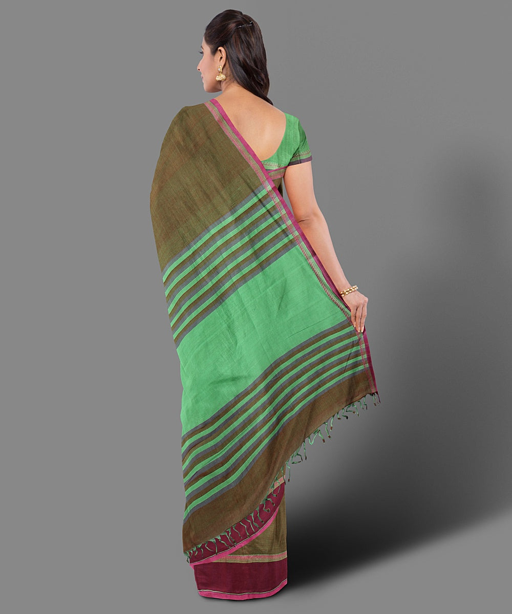 Brown green handwoven cotton saree