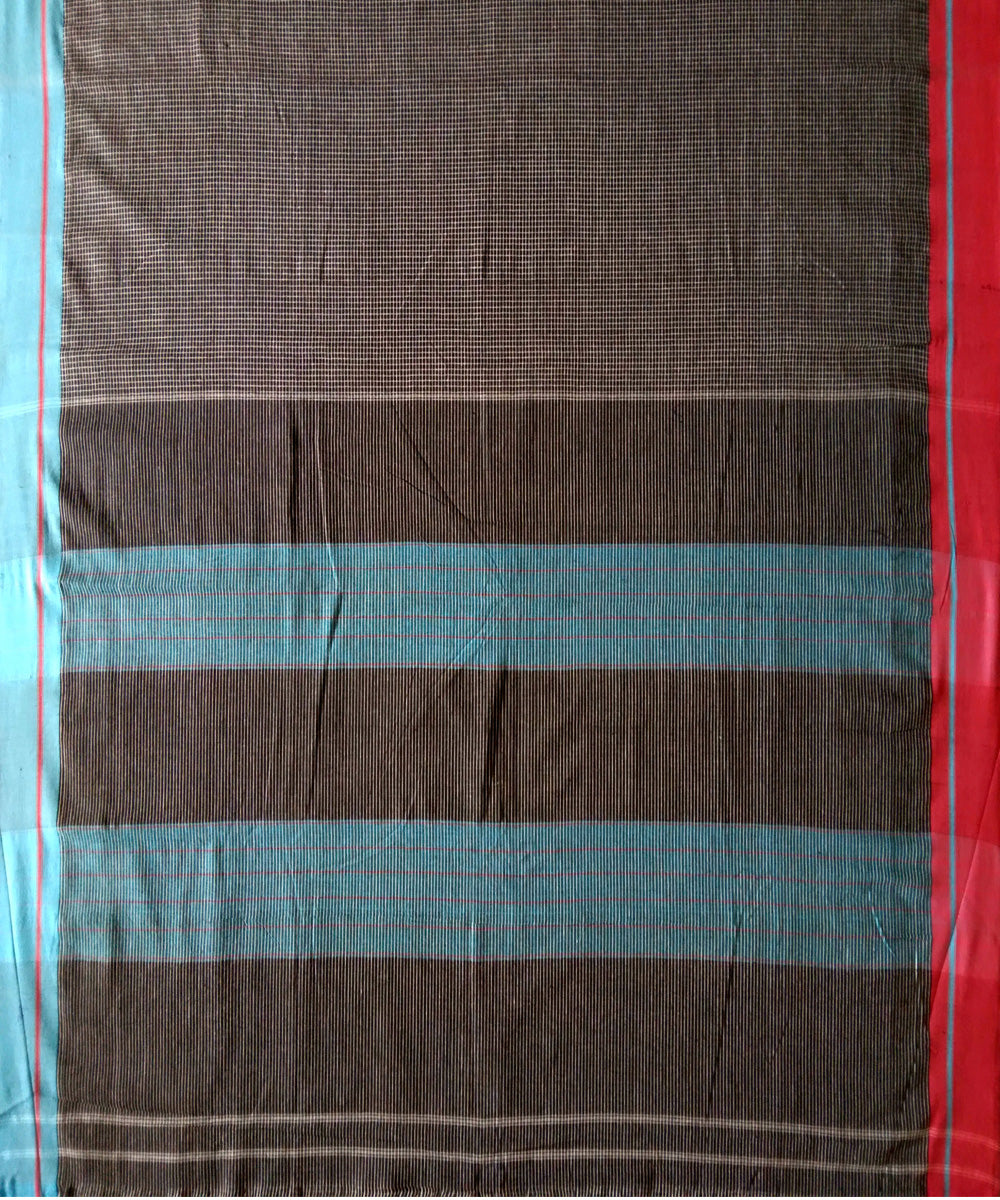 Black checks sky blue red borders handwoven cotton patteda anchu saree