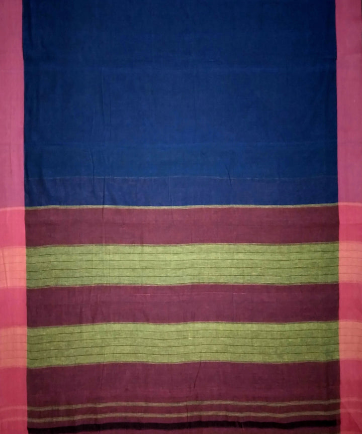 Navy blue with coral pink borders handwoven cotton patteda anchu saree