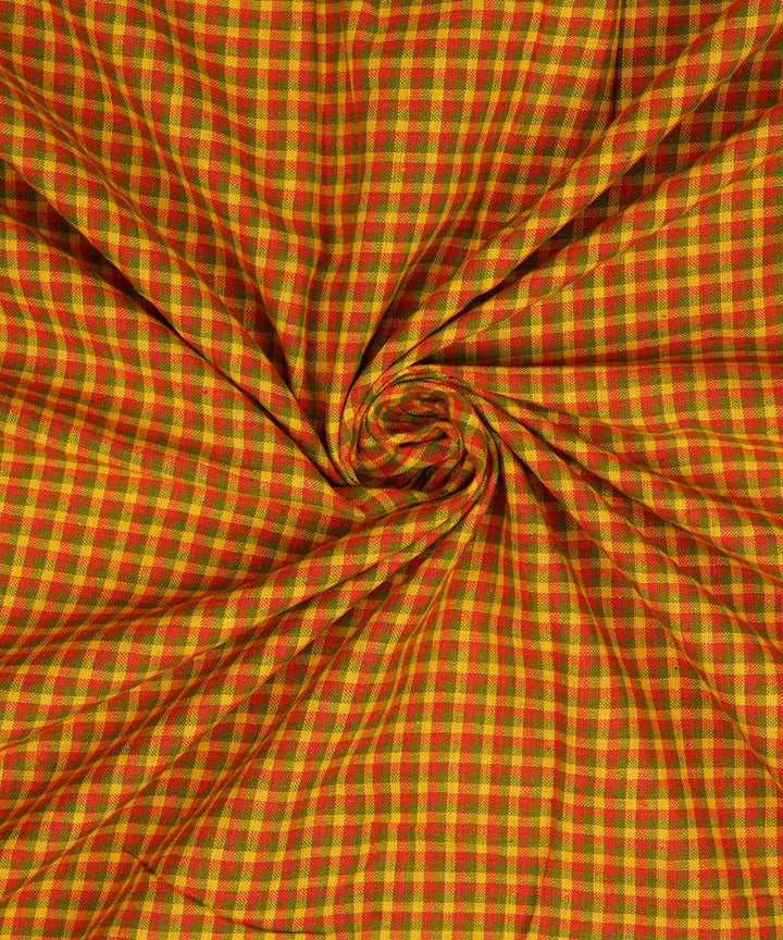 Yellow orange checks handwoven cotton fabric