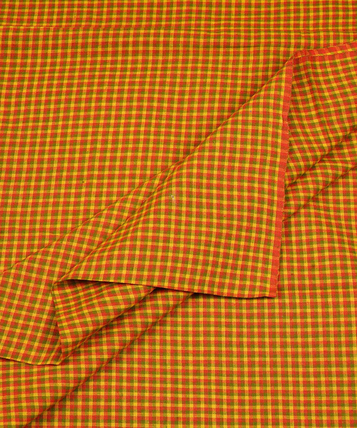 Yellow orange checks handwoven cotton fabric