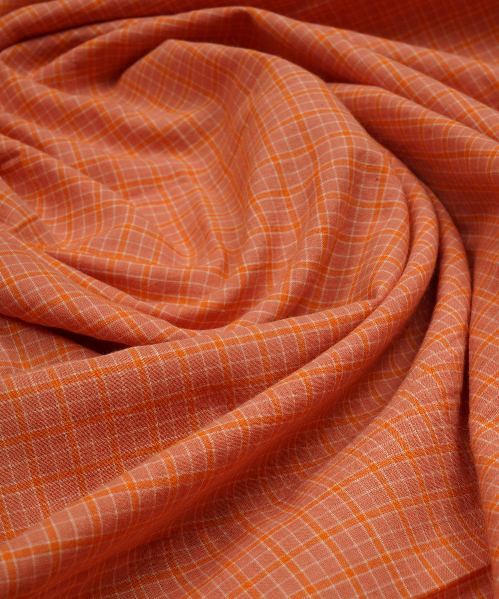 Peach checks handspun handwoven bengal cotton fabric