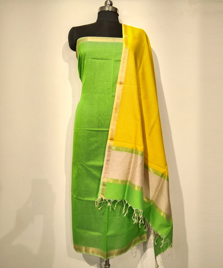 2pc Light green yellow handloom cotton silk maheshwari dress material