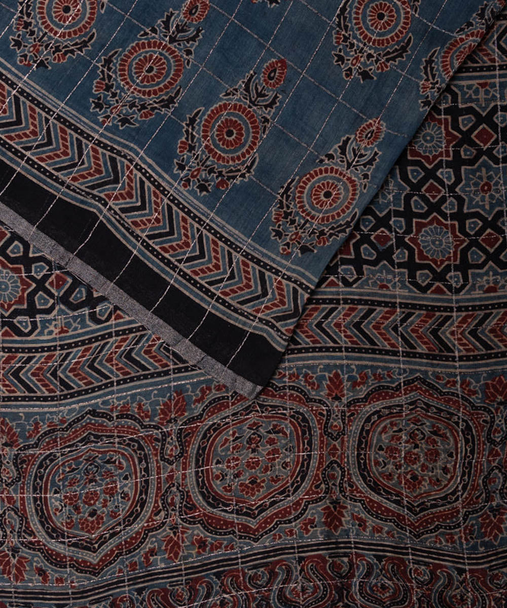 Indigo hand printed cotton silk ajrakh saree