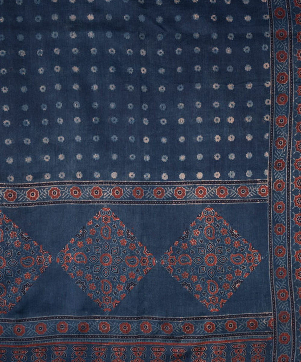 Indigo hand print cotton silk ajrakh saree