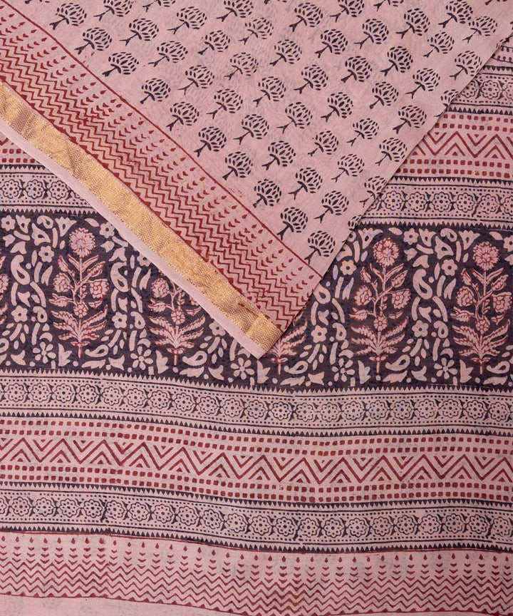 Beige handblock bagh print cotton silk saree