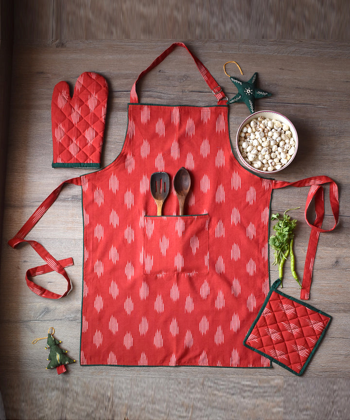Red cotton ikat kitchen accessory set