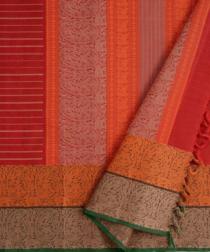 Maroon Orange Green Cotton Handwoven Kanchi Saree