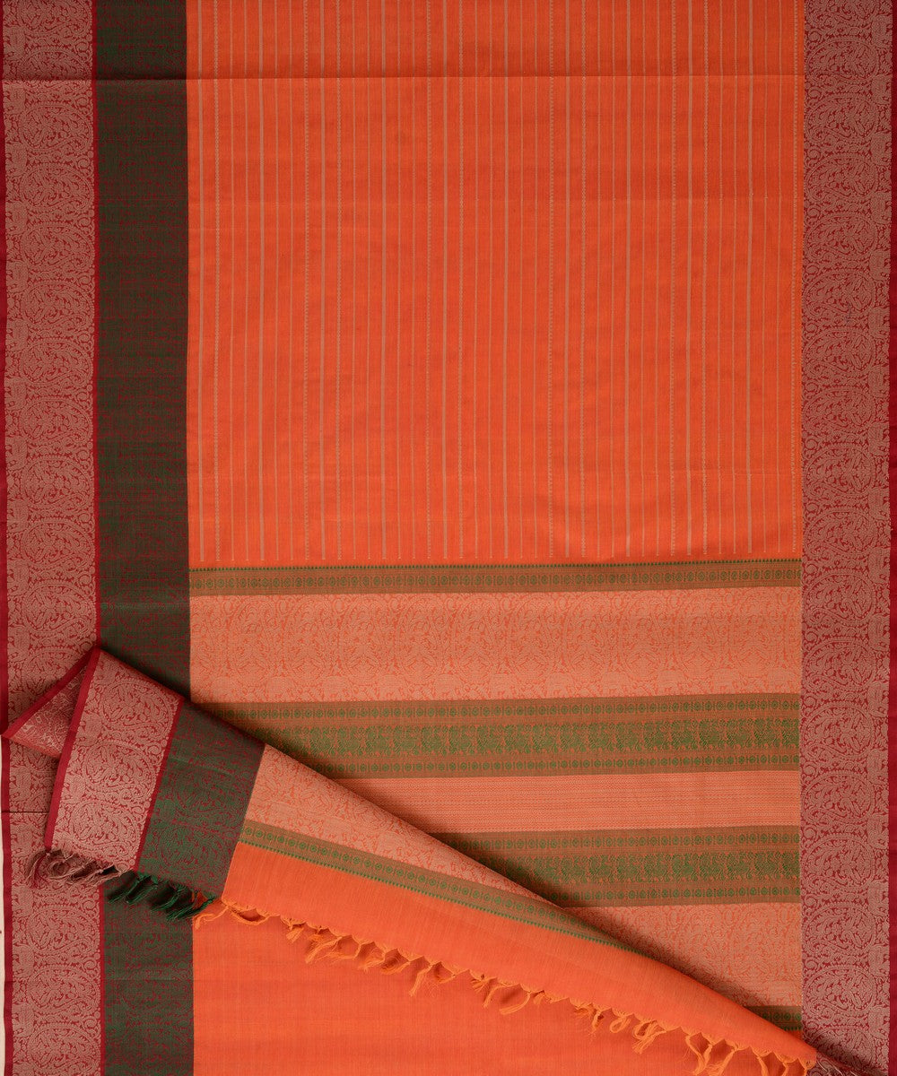 Orange Green maroon Cotton Handwoven Kanchi Saree