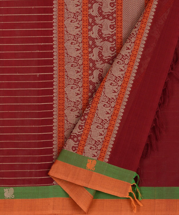 Maroon Green orange Cotton Handwoven Kanchi Saree