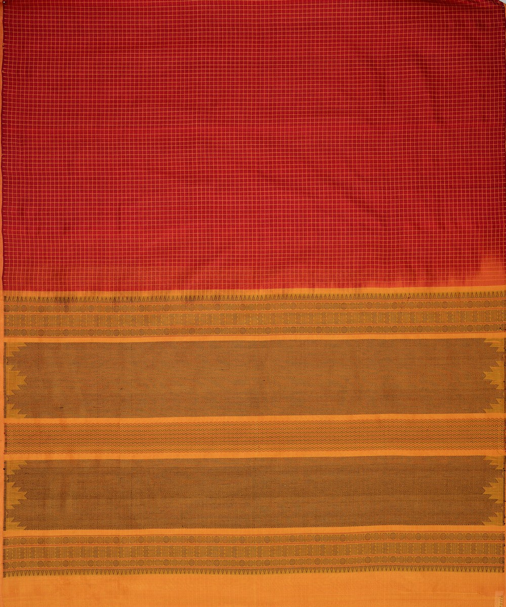 Dark red handwoven cotton silk podikattam kanchi saree