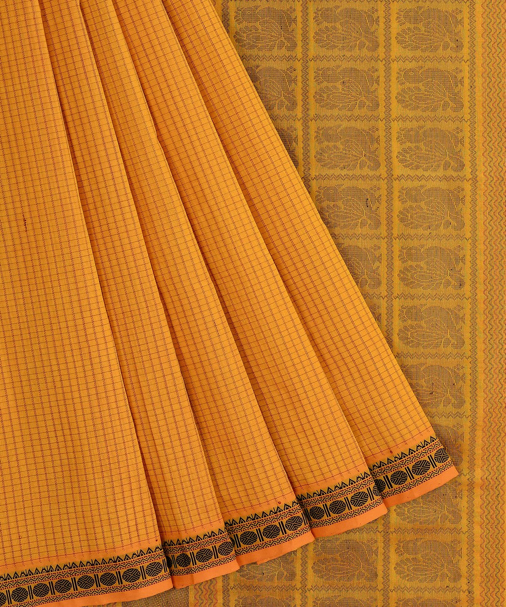 Amber yellow handwoven cotton silk podikattam kanchi saree