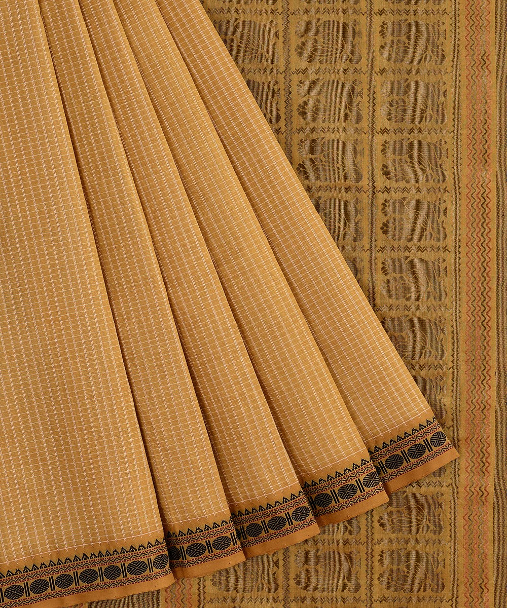 Beige handwoven cotton silk podikattam kanchi saree