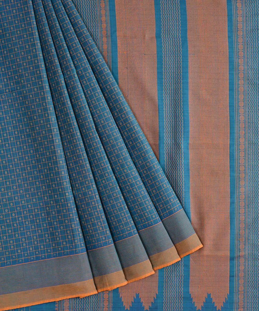 Cyan blue handwoven cotton silk lakshadeepam kanchi saree