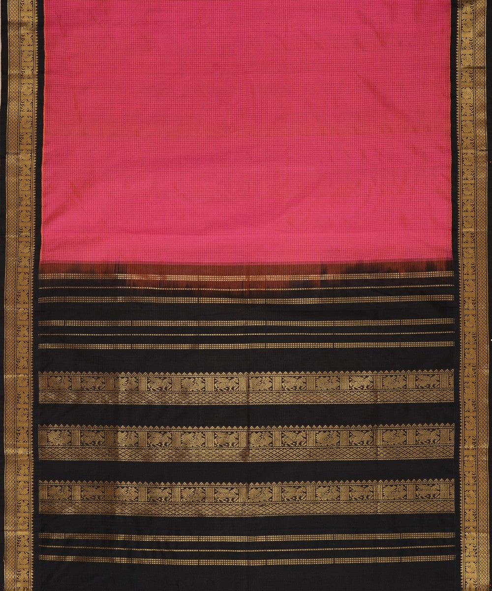 Pink black cotton silk handwoven podikattam checks kanchi saree