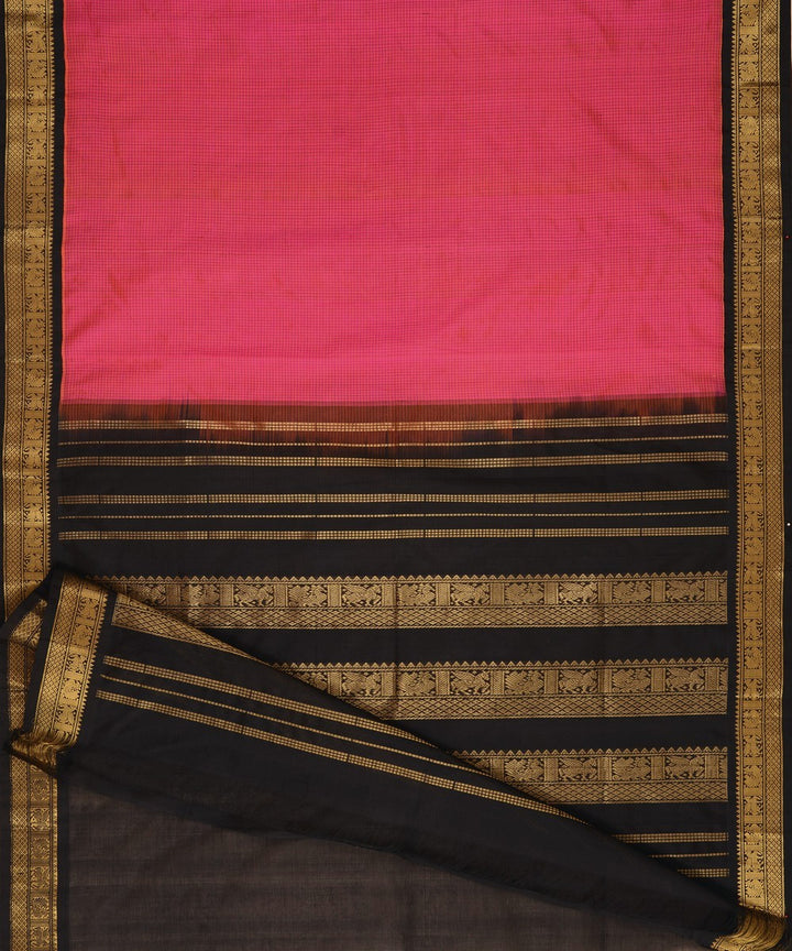 Pink black cotton silk handwoven podikattam checks kanchi saree