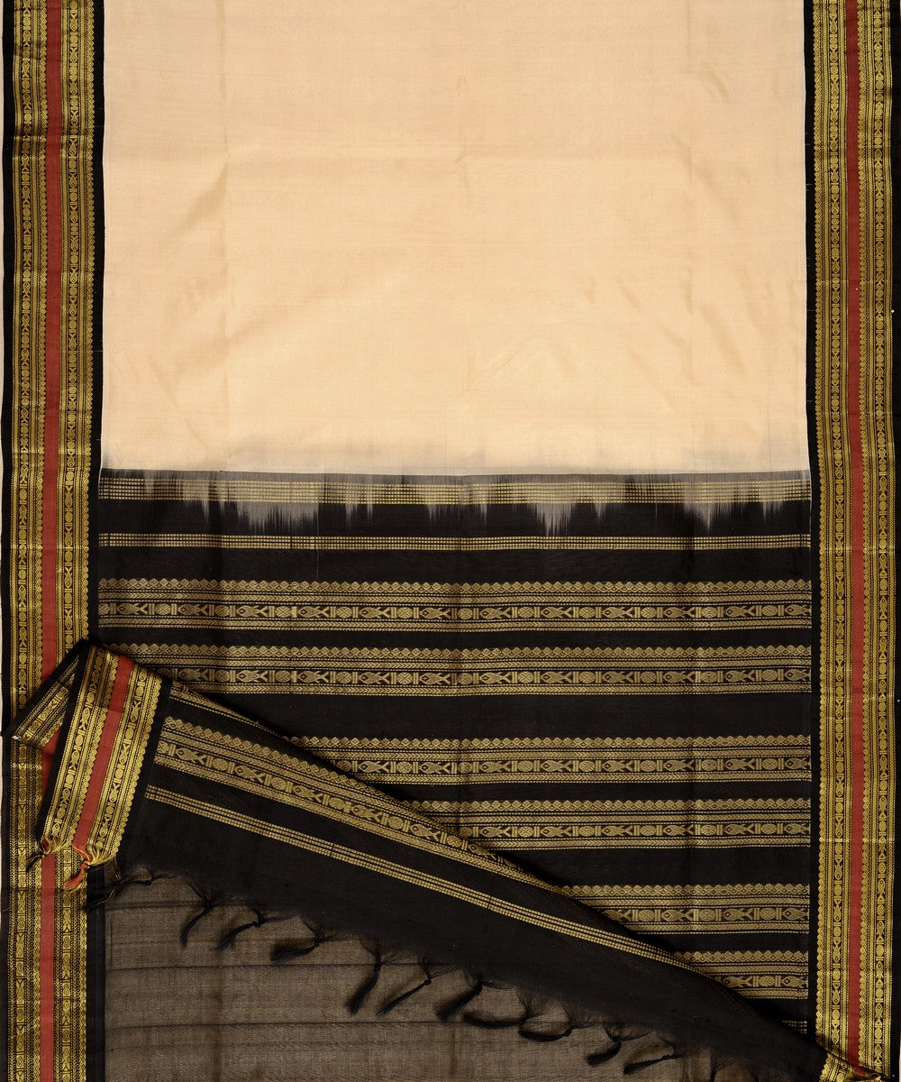 Off white black cotton silk handwoven kanchi saree