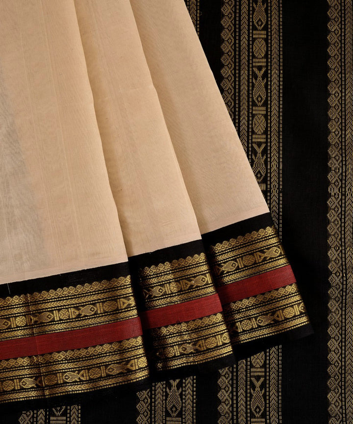 Off white black cotton silk handwoven kanchi saree