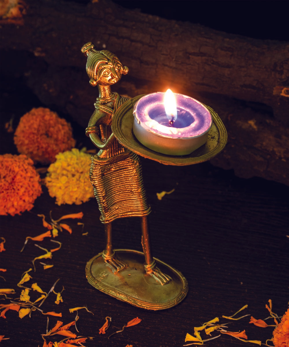 Handcrafted dhokra brass lady candle stand