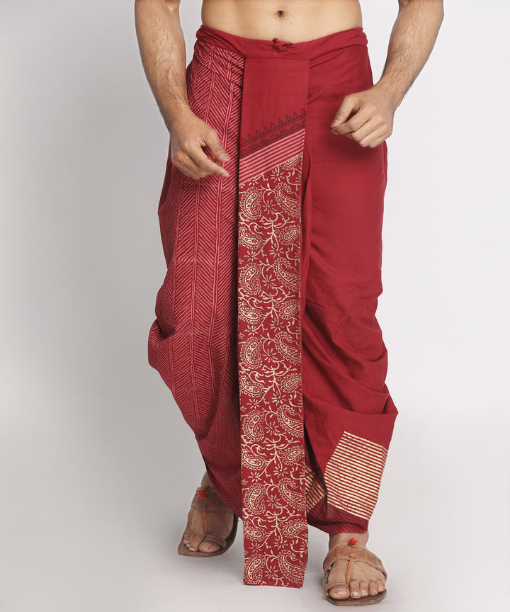Maroon cotton hand block print ready to wear stitched dhoti