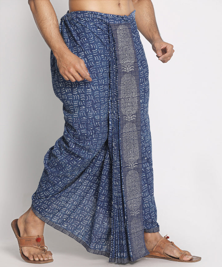 Blue cotton handblock printed ready to wear stitched dhoti