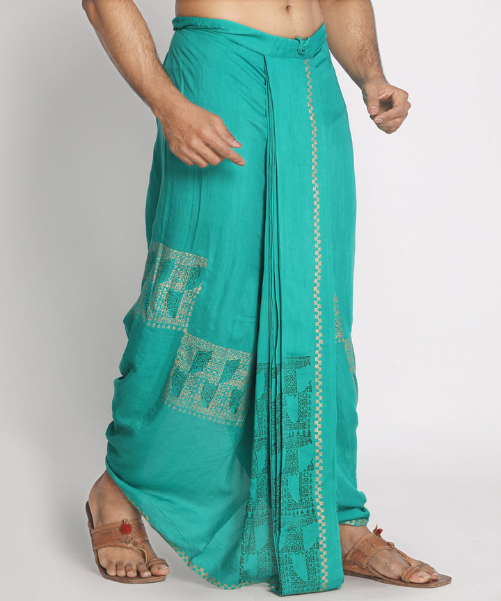 Teal silk cotton handblock printed ready to wear stitched dhoti