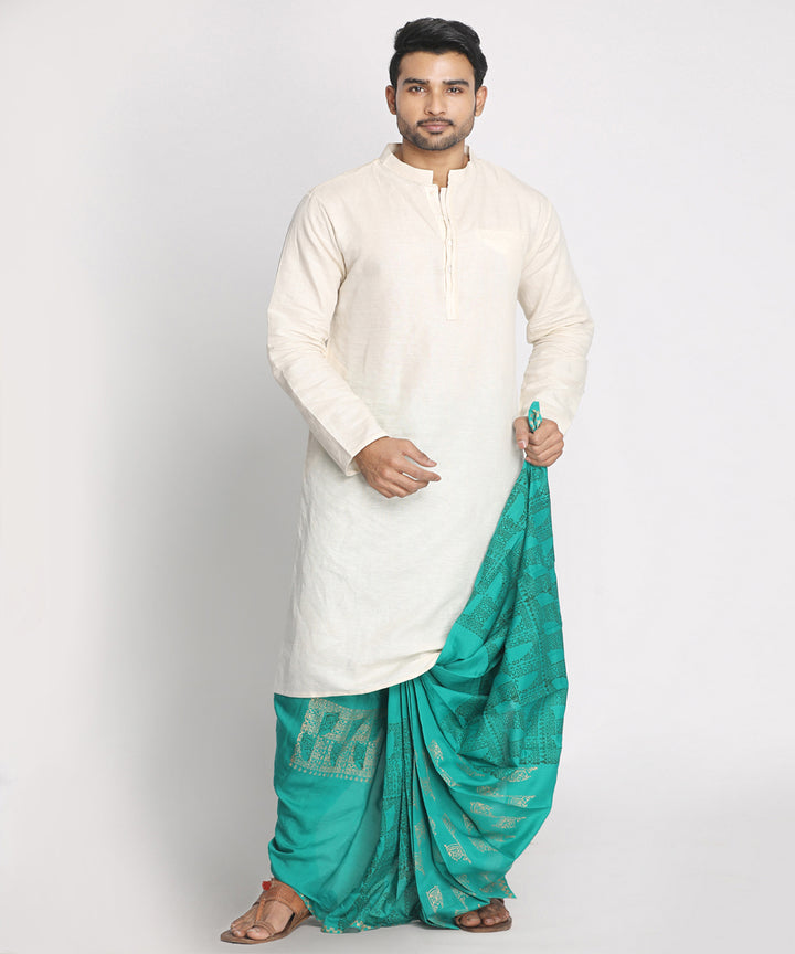 Teal silk cotton handblock printed ready to wear stitched dhoti