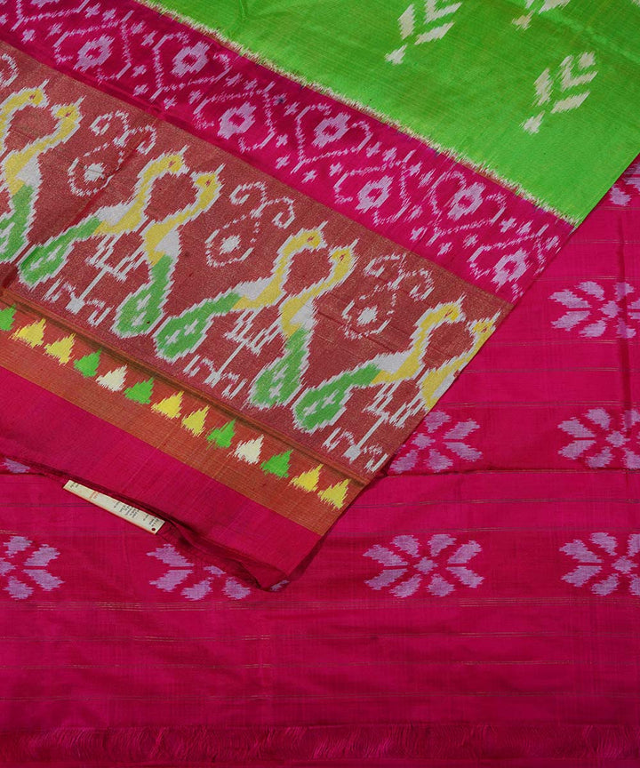 Bright green handwoven ikat silk pochampally saree